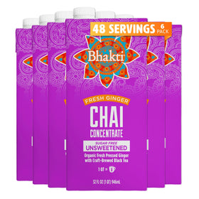 Bhakti Chai Tea Concentrate 32oz bottle pouring for latte-ready beverages