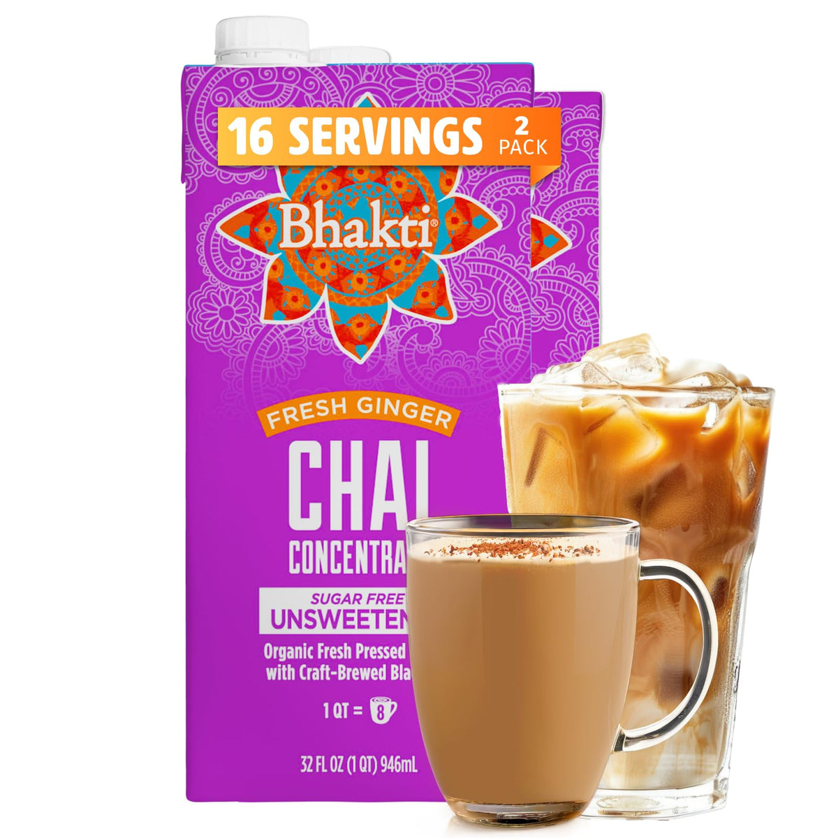 Bhakti Chai concentrate bottle pouring into a mug for a rich unsweetened latte.