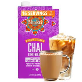 Bhakti Chai concentrate bottle pouring into a mug for a rich unsweetened latte.