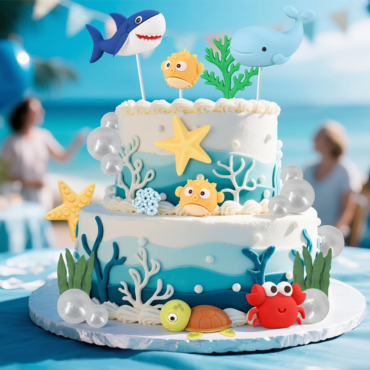 BHNKGZNA pufferfish cake topper adds bright ocean charm.