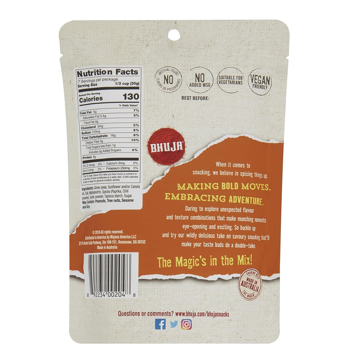 Bhuja Majans plant-based protein snack with 6 g per serving for vegan energy