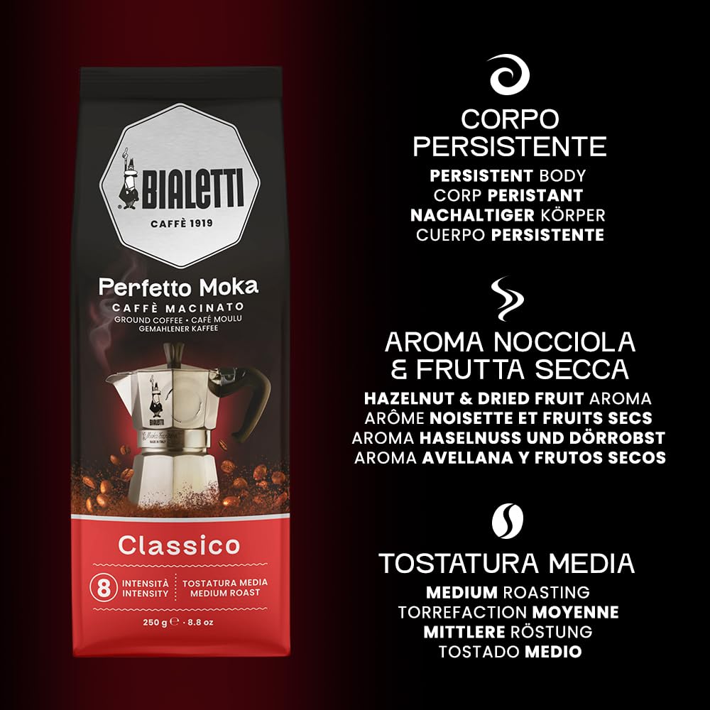 Brewing with a stovetop moka pot using Bialetti Classico for rich flavor.