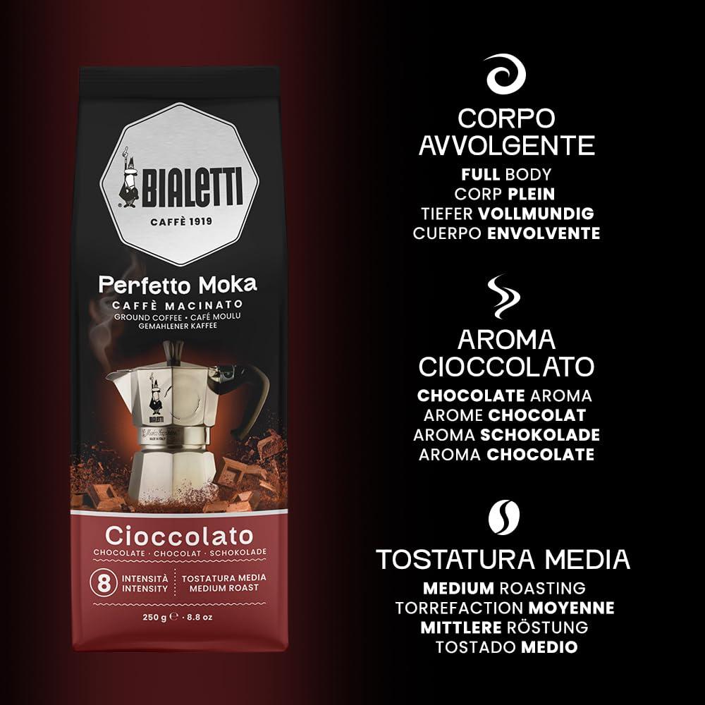 Bialetti Perfetto Moka Cioccolato 250g bag highlights chocolate aroma.