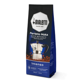 Bialetti Perfetto Moka coffee pack shot showing rich dark roast aroma for home use