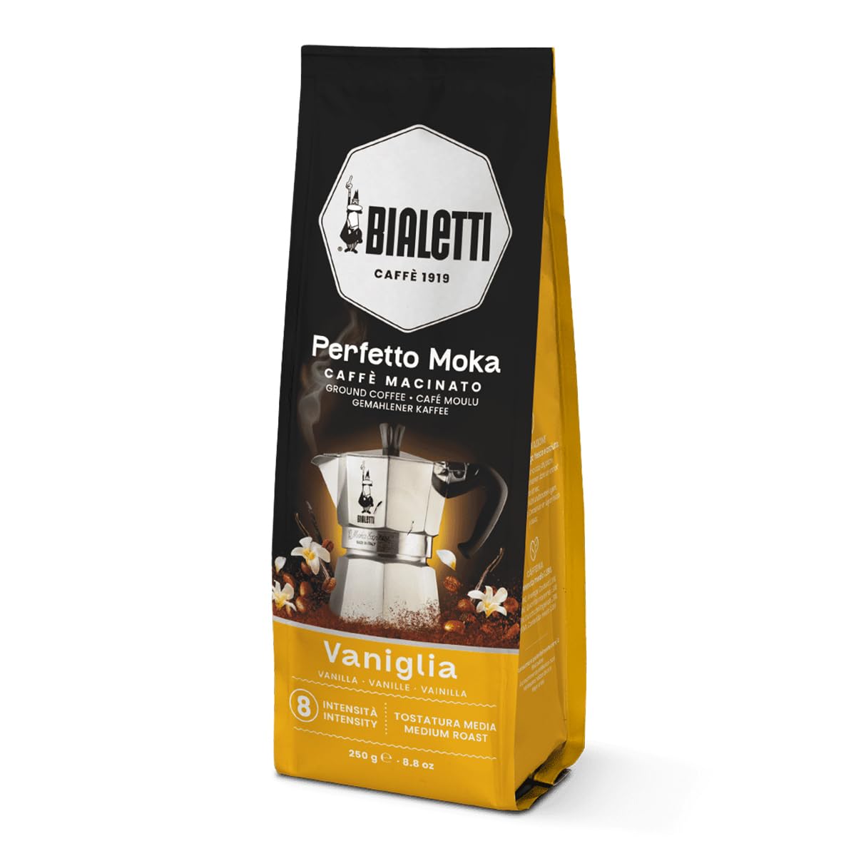 Bialetti Perfetto Moka Vaniglia bag-front preserves freshness for rich coffee.