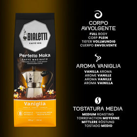 Bialetti Perfetto Moka Vaniglia ground coffee texture highlights medium roast.