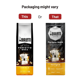Bialetti Perfetto Moka Vaniglia packaging-label highlights 250 g size and flavour.
