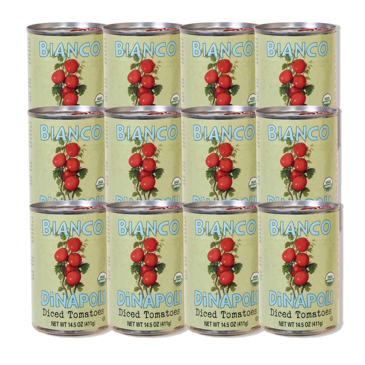 Bianco DiNapoli diced tomatoes in puree can close-up, ideal for quick sauces