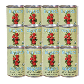 Bianco DiNapoli diced tomatoes in puree can close-up, ideal for quick sauces