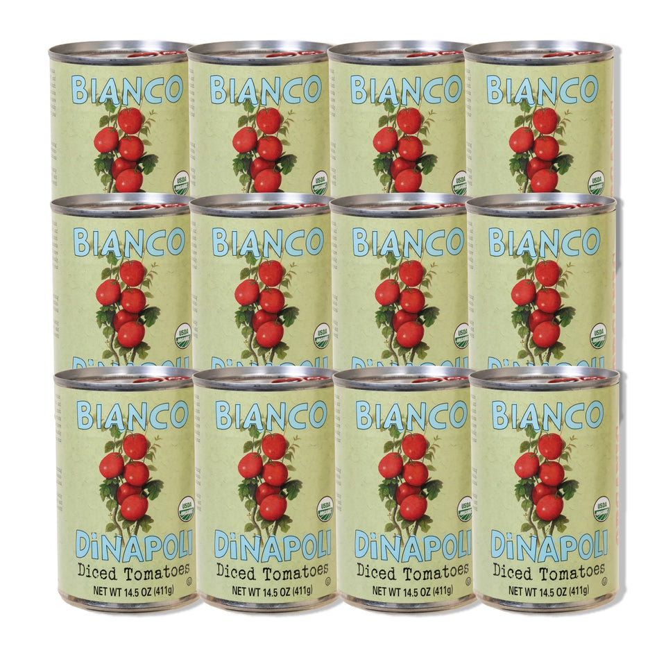 Bianco DiNapoli diced tomatoes in puree can close-up, ideal for quick sauces