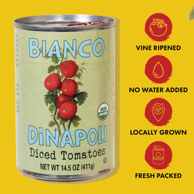 Bianco DiNapoli diced tomatoes puree jar close-up, ready for simmered dishes