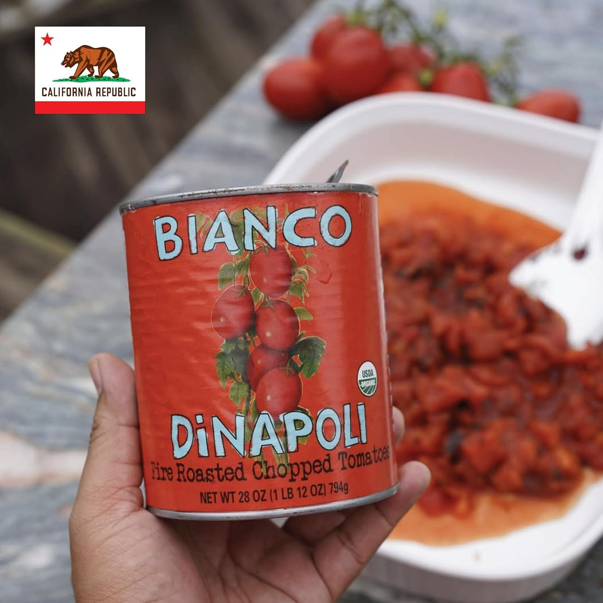 Bianco DiNapoli ingredients closeup on fire roasted chopped tomatoes