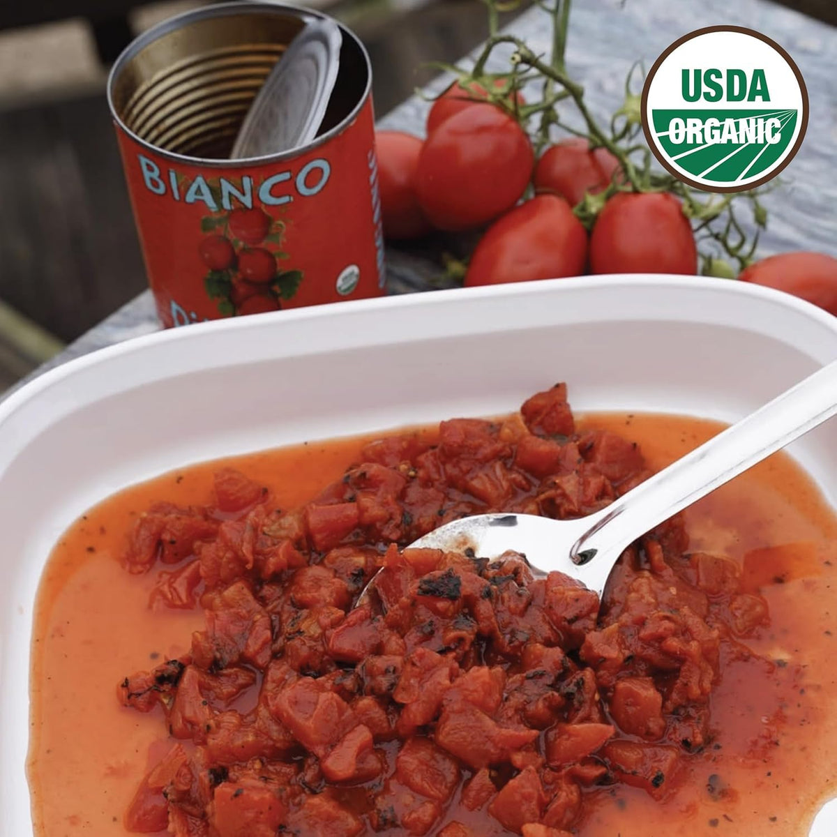 Bianco DiNapoli cans on kitchen counter ready for meal prep