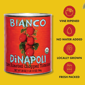 Bianco DiNapoli fire roasted tomatoes in pan with garlic and herbs