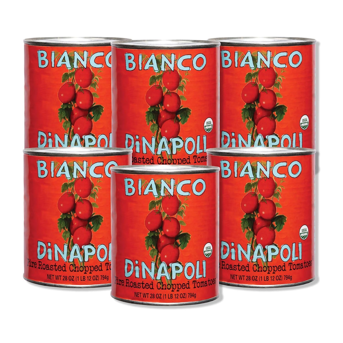 Bianco DiNapoli fire roasted chopped tomatoes on a shelf for ready weeknight sauces