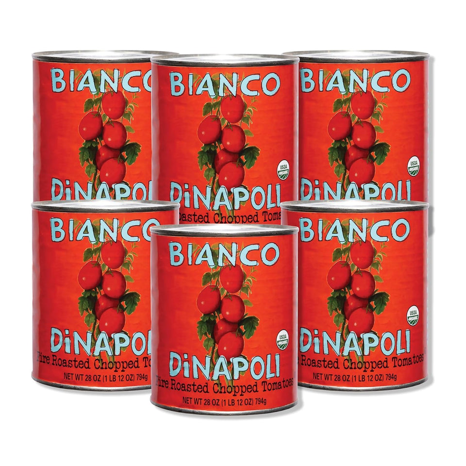 Bianco DiNapoli fire roasted chopped tomatoes on a shelf for ready weeknight sauces