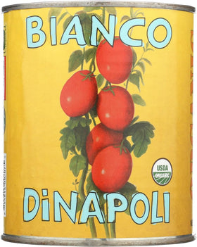 Bianco DiNapoli Organic Whole Peeled Tomatoes label close-up, showcasing quality and heritage