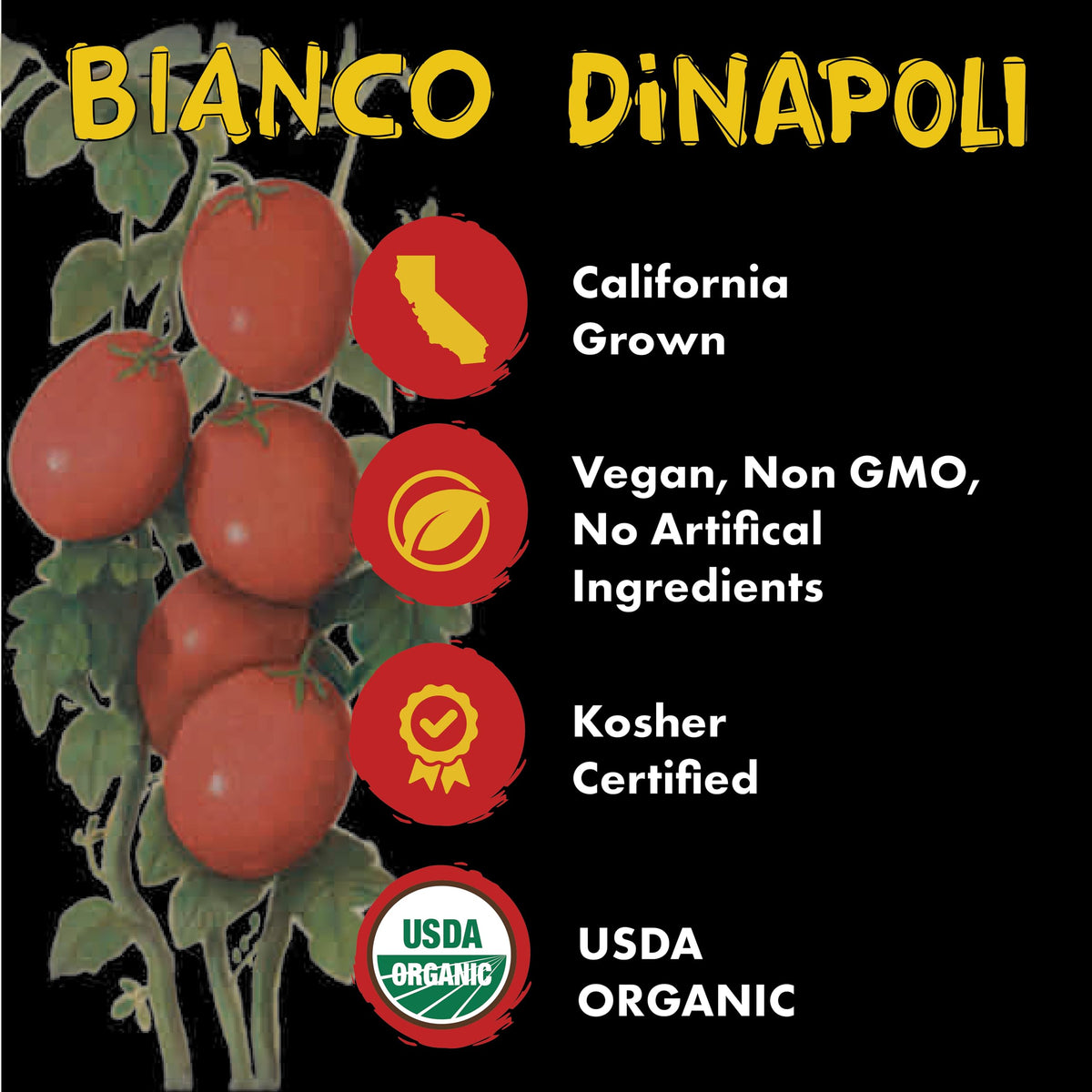 Bianco DiNapoli steam-peeled tomatoes conveying fresh, bold sauce foundation.