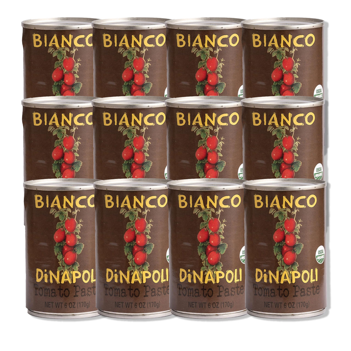 Bianco DiNapoli tomato paste can on shelf, convenient pantry staple for quick meals.