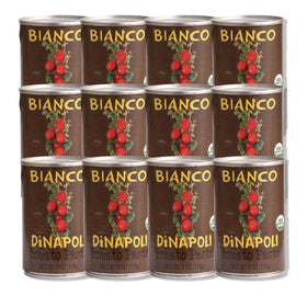 Bianco DiNapoli tomato paste can on shelf, convenient pantry staple for quick meals.