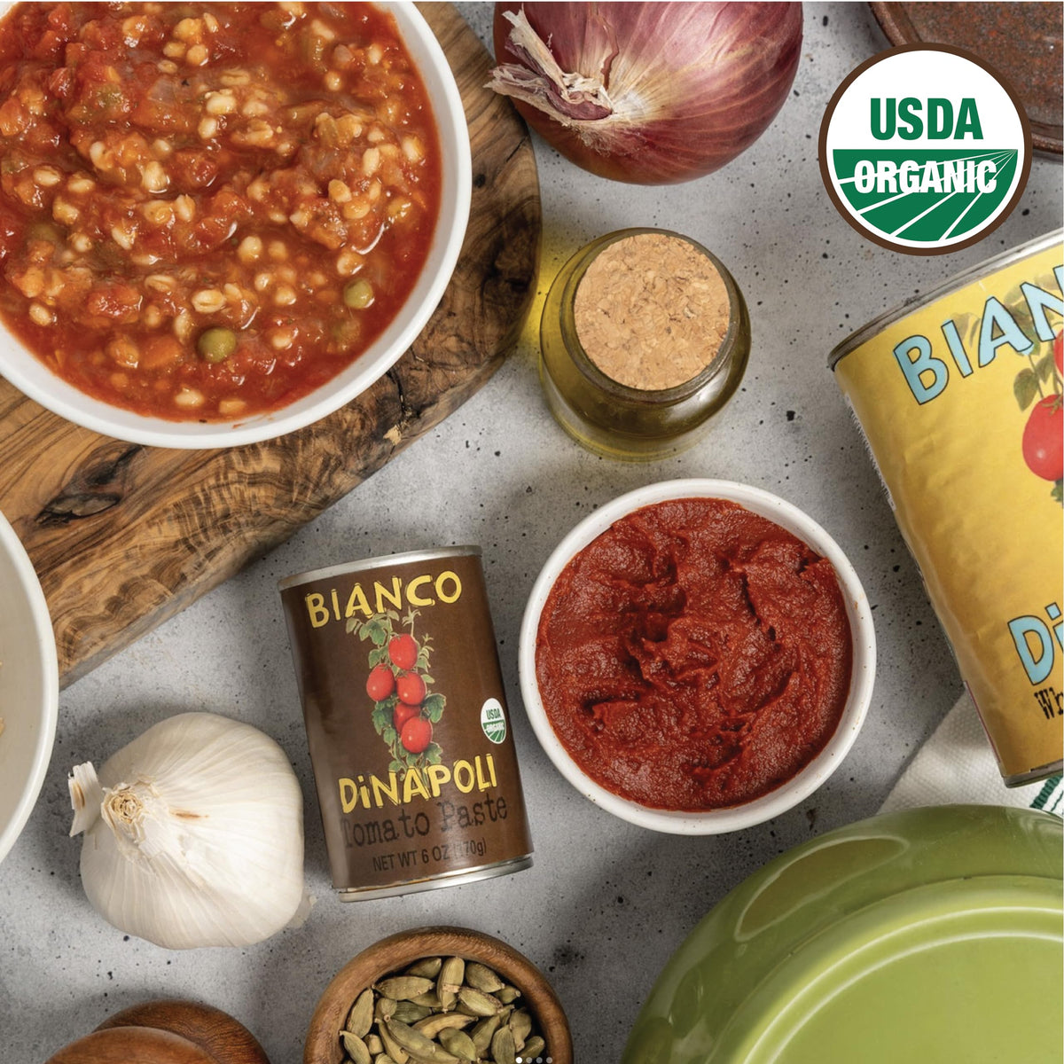 Bianco DiNapoli hand-picked tomatoes reveal natural richness in the paste.