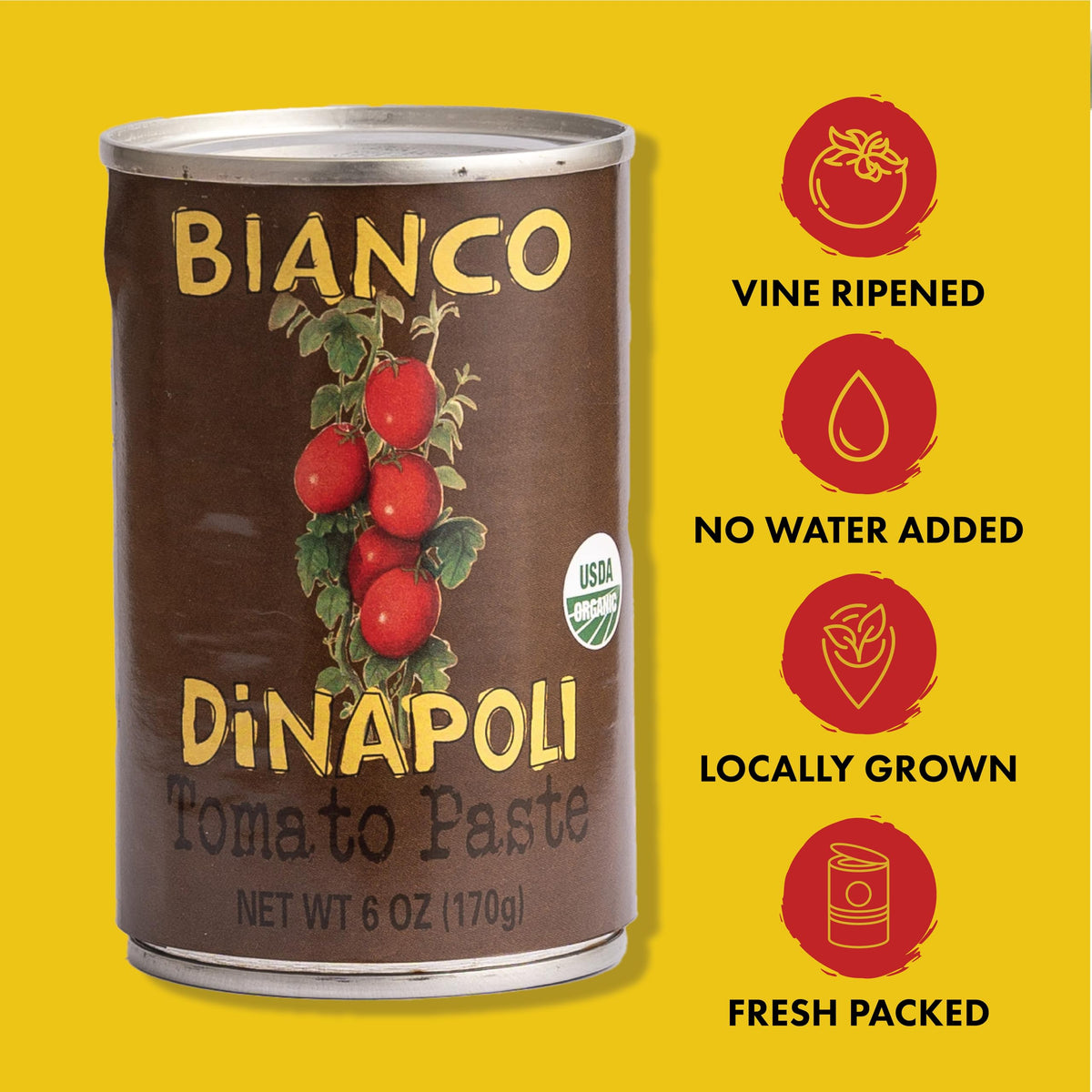 Bianco DiNapoli tomato paste jar being poured, ready-to-use sauce base.