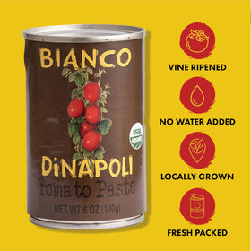 Bianco DiNapoli tomato paste jar being poured, ready-to-use sauce base.