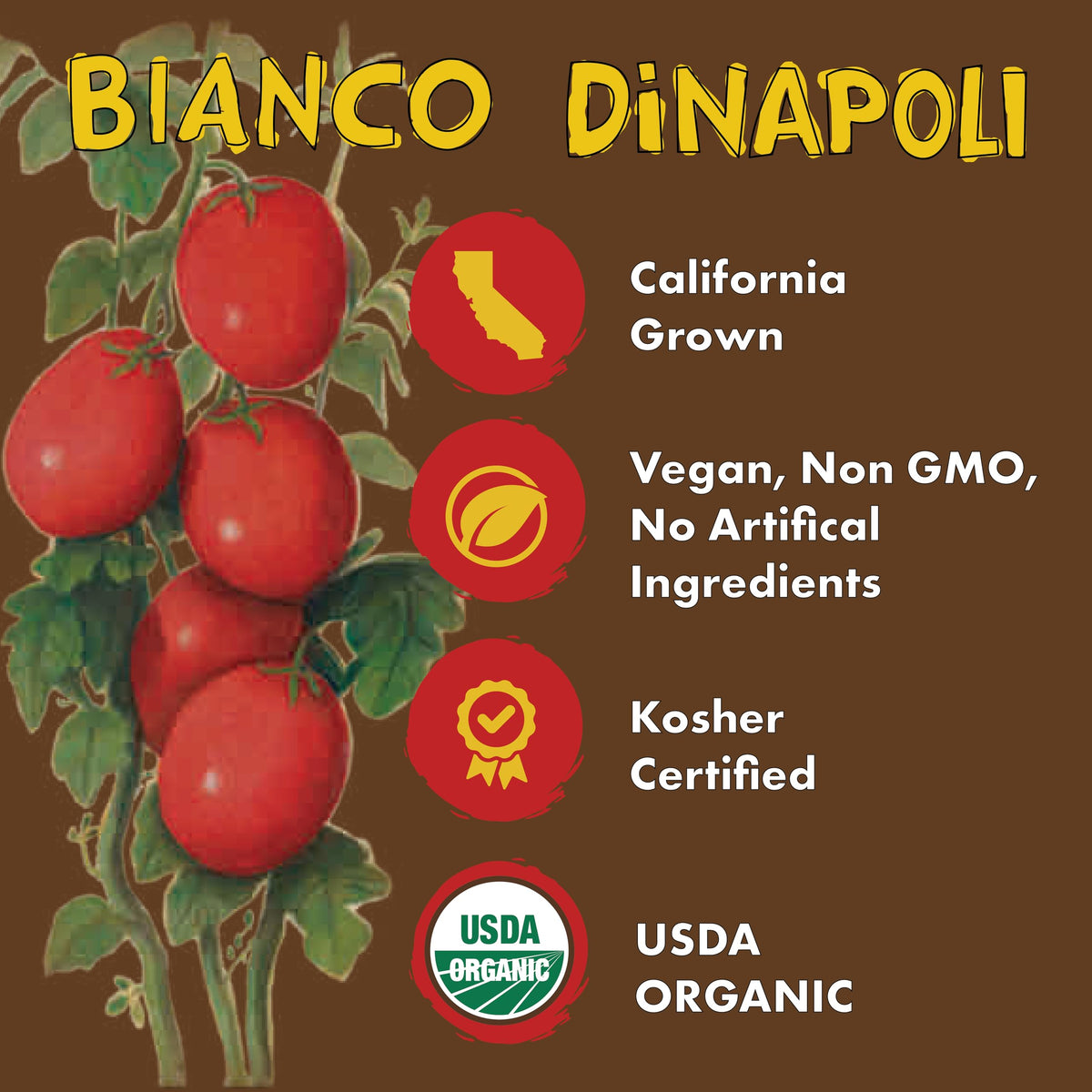 Bianco DiNapoli steam-peel tomatoes close-up highlighting peak flavor potential.