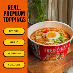 Bias Apgu Red Chili ramen six-pack packaging on display.