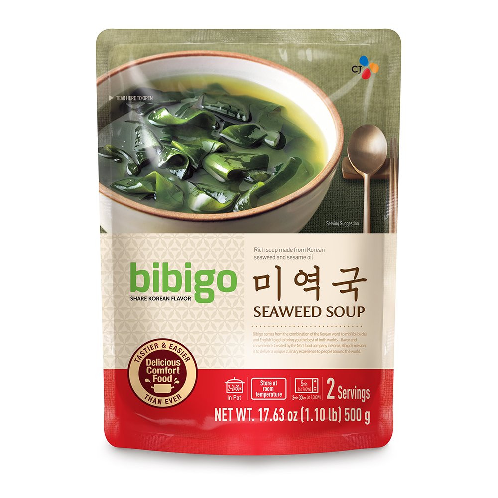 Bibigo Miyeok-Guk ready-to-eat packaging front view for quick, comforting meals.