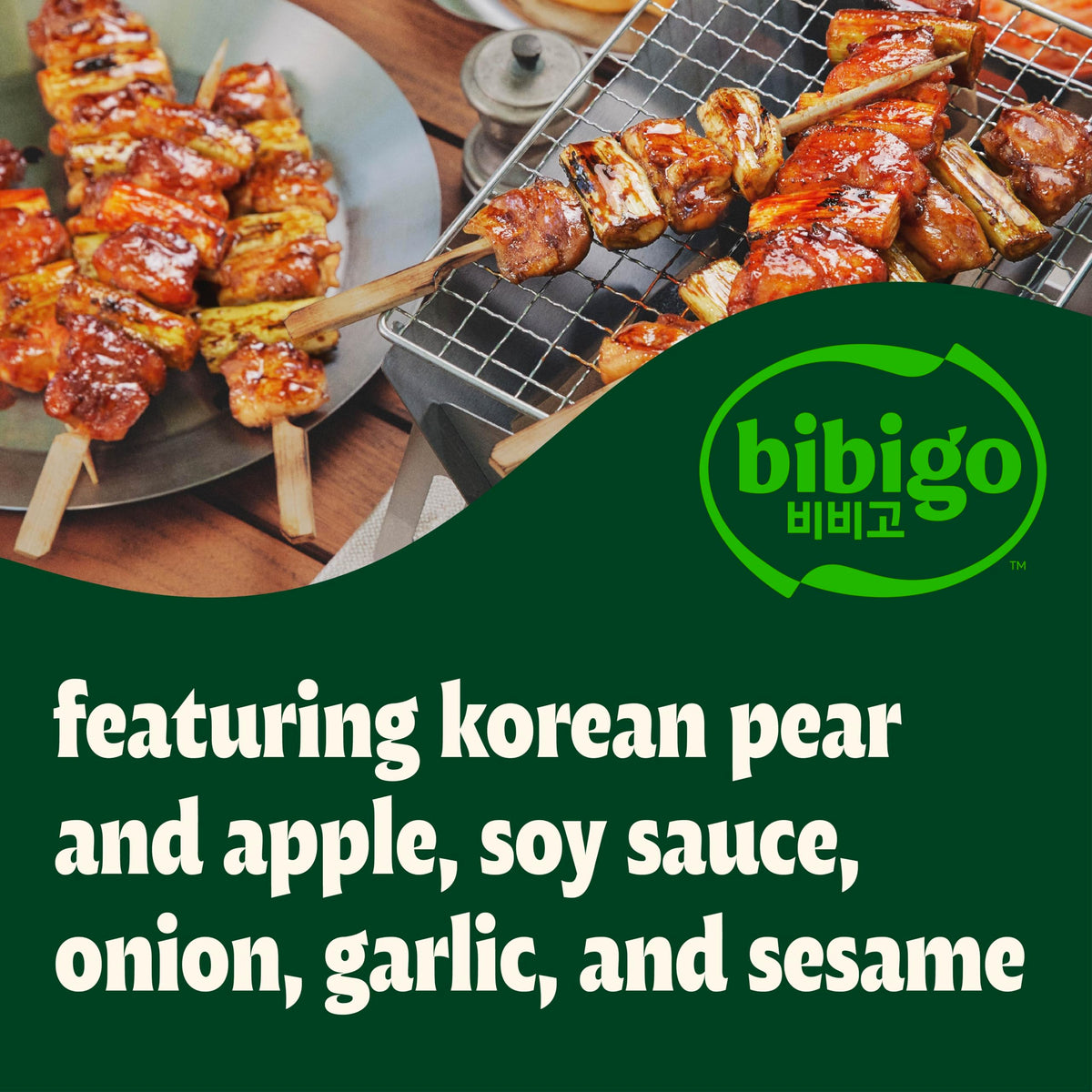 Close-up of Bibigo ingredients: soy, onion, garlic, apple, pear, sesame for depth.