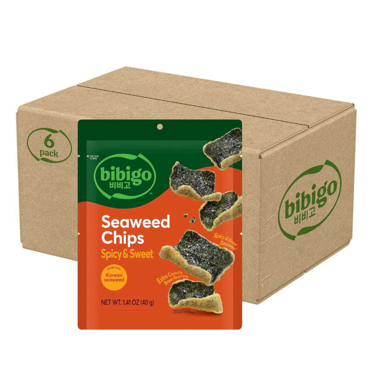 Bibigo Spicy & Sweet Seaweed Chips pack front; ideal on-the-go crunch