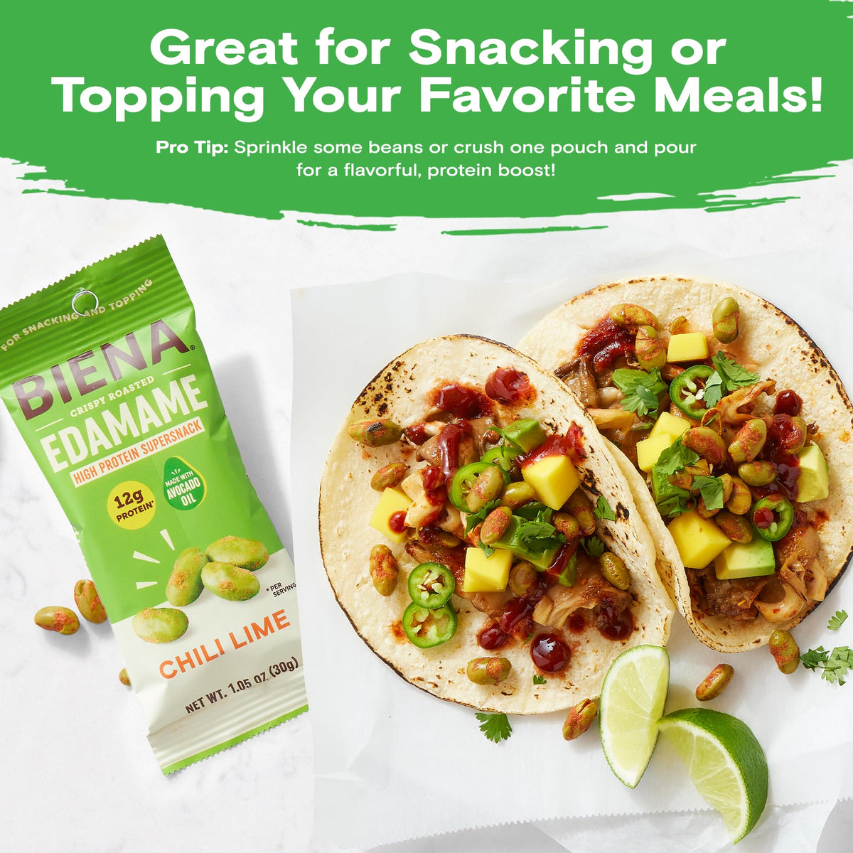 BIENA Avocado Oil enhanced edamame visuals signaling healthier fat