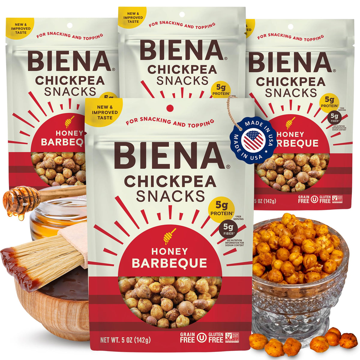 BIENA Chickpea Snacks Barbecue bag ready to eat on the go.