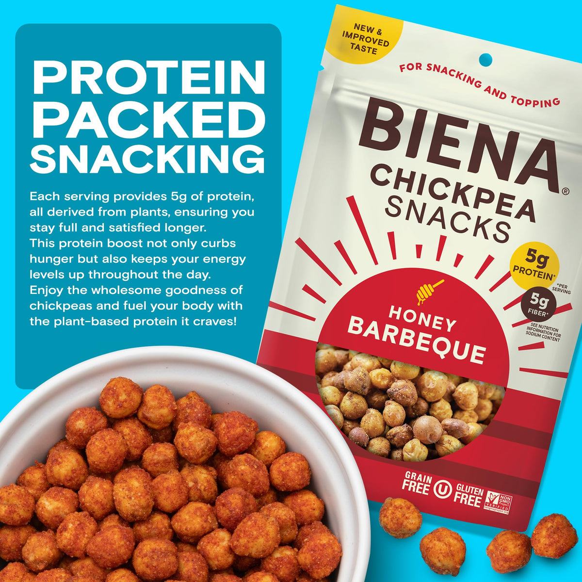 BIENA Chickpea Snacks Barbecue close-up shows crispy roasted texture.