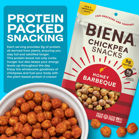 BIENA Chickpea Snacks Barbecue close-up shows crispy roasted texture.