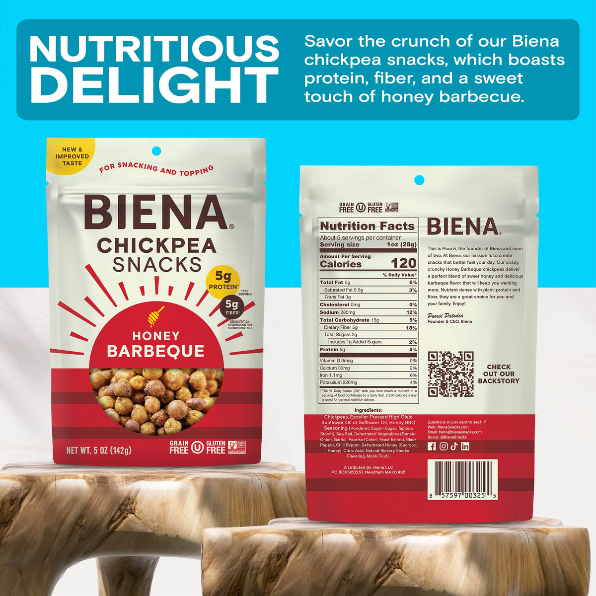 BIENA Chickpeas Barbecue packaging is resealable for freshness.