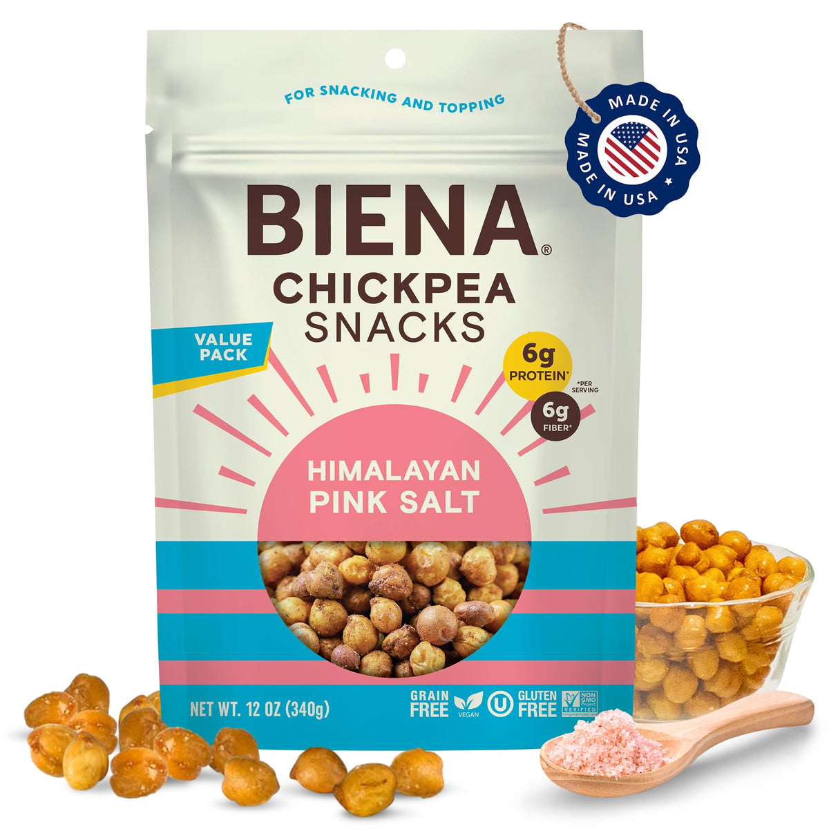 BIENA Chickpea Snacks close-up of crunchy chickpeas, protein-rich snack