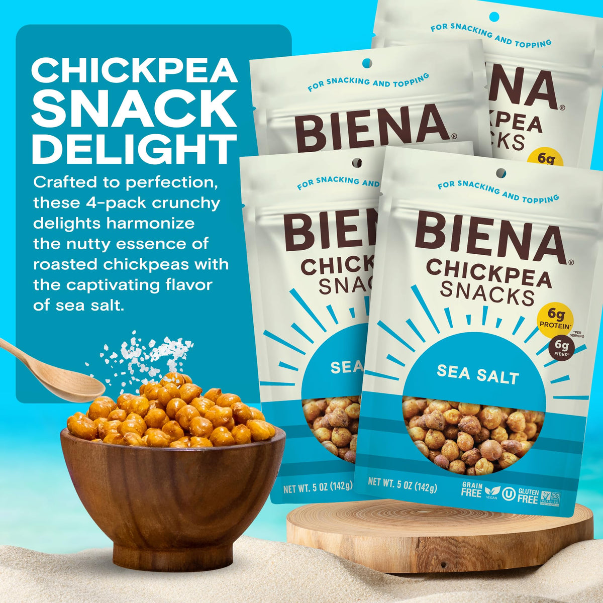 Close-up of crispy Biena chickpeas highlighting texture for satisfying snacking.