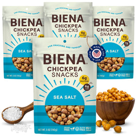 Biena Chickpea Snacks Sea Salt front pack showing light, crispy crunch and plant-based protein.
