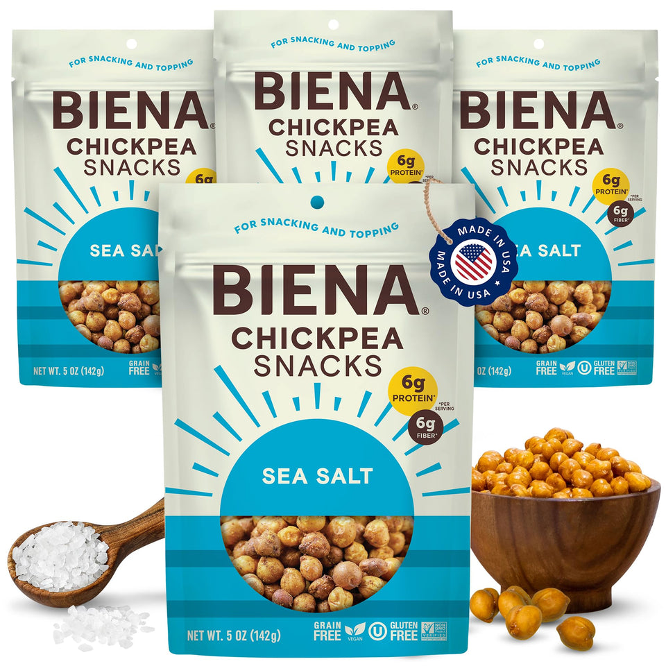 Biena Chickpea Snacks Sea Salt front pack showing light, crispy crunch and plant-based protein.