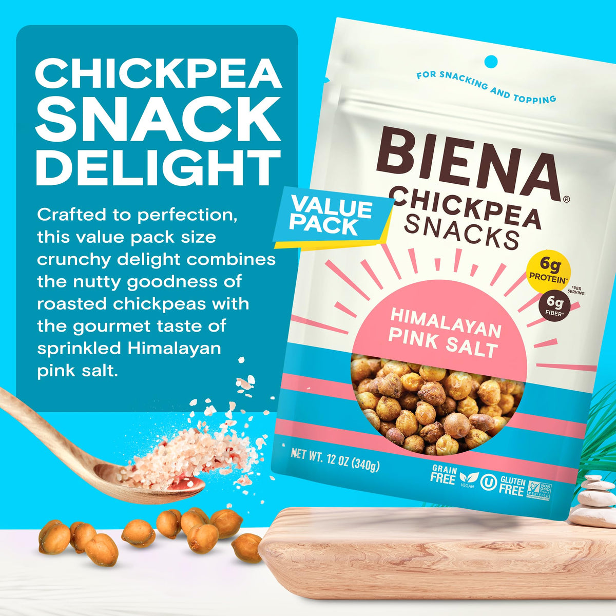 BIENA Chickpea Snacks packaging shows gluten-free, resealable bag