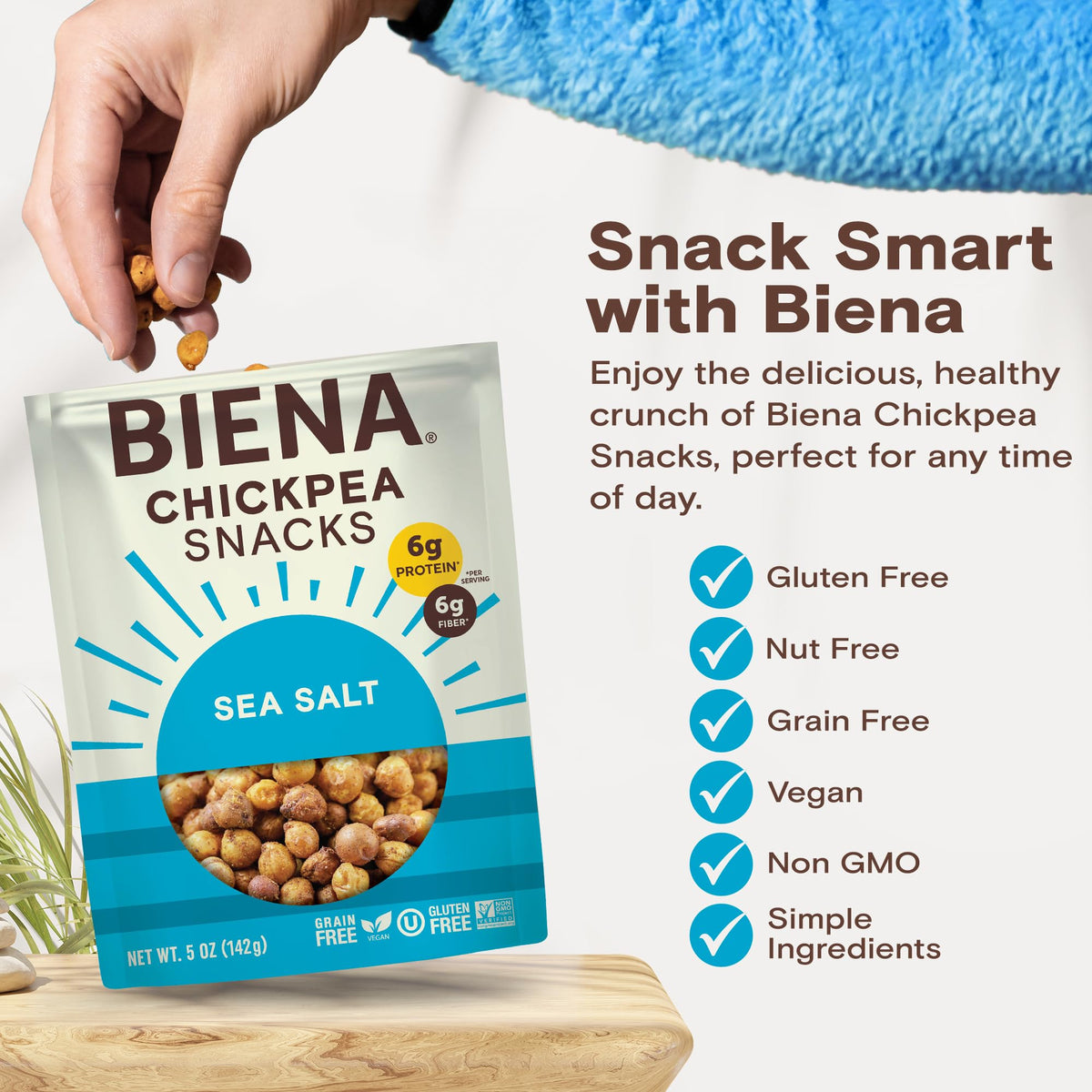 Nutrition panel on Biena Chickpea Snacks highlights fiber and protein per serving.