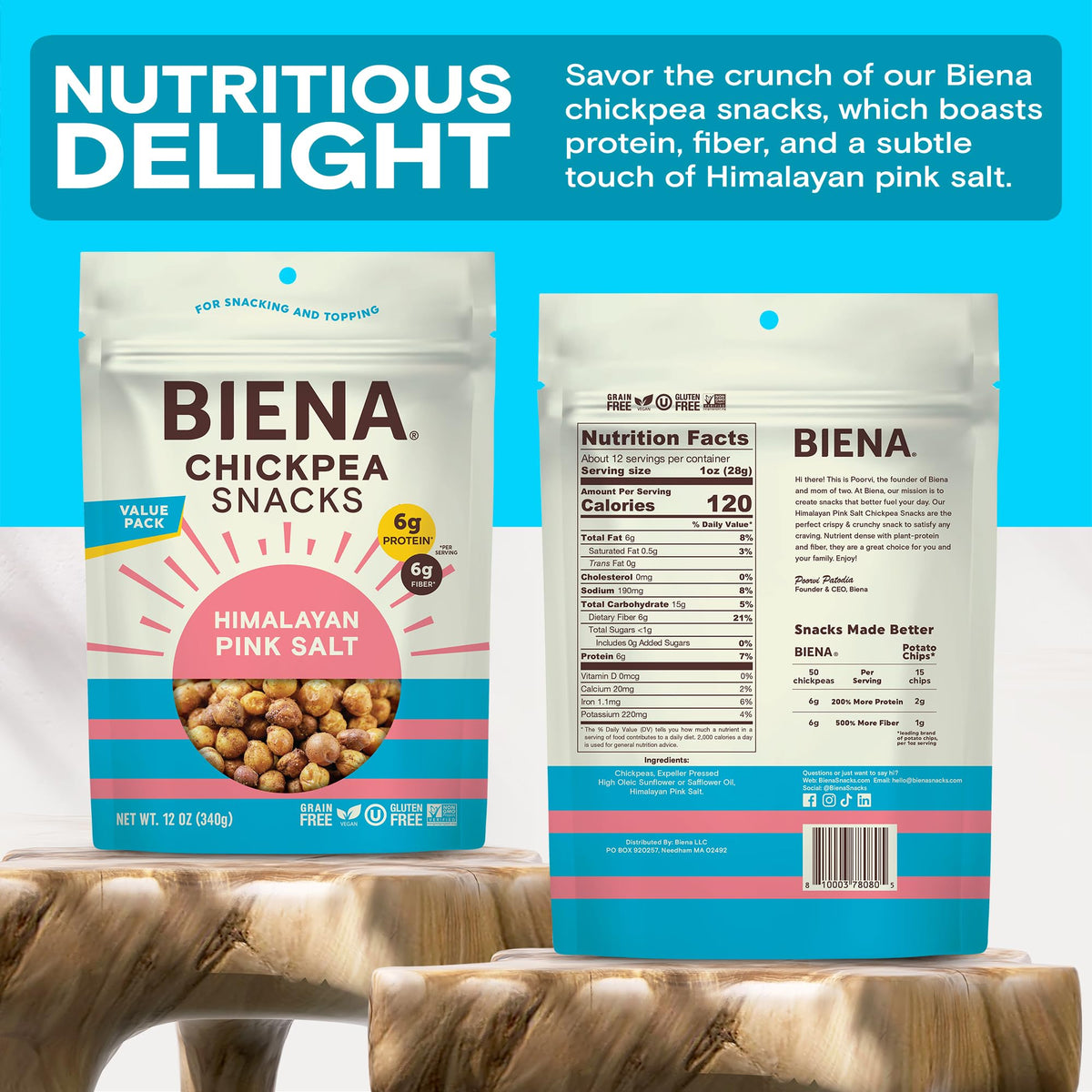 BIENA Chickpeas highlighting protein and fiber per serving