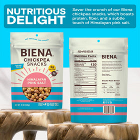 BIENA Chickpeas highlighting protein and fiber per serving