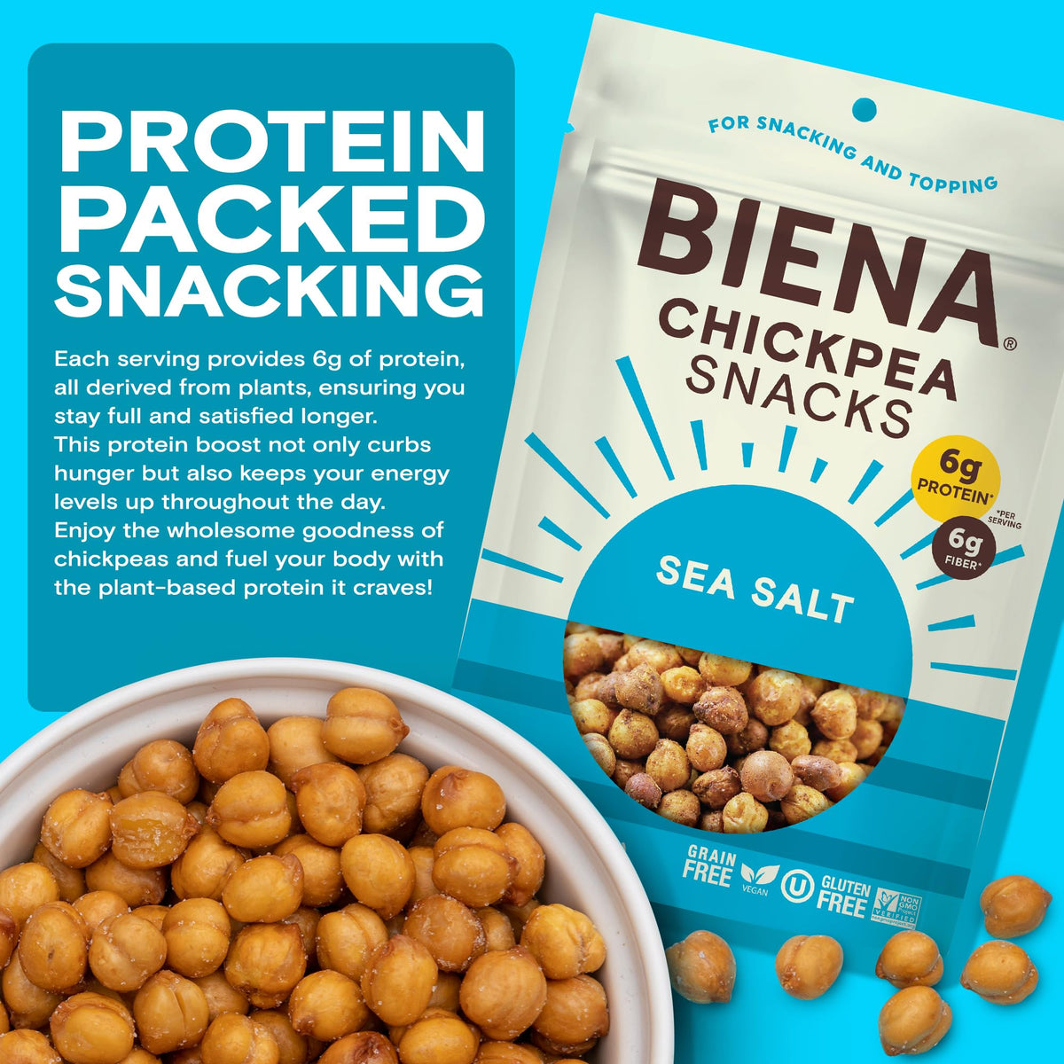  resealable Biena bag enables on-the-go freshness and convenience.