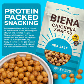 BIENA Chickpea Snacks Sea Salt bag resealable, ideal for on-the-go snacking.