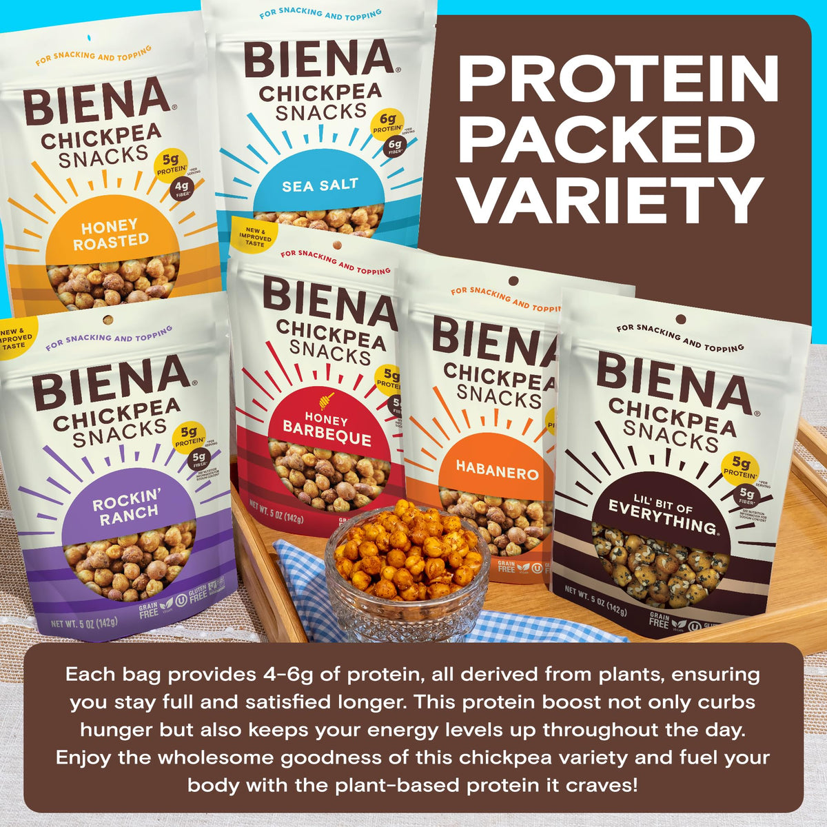 BIENA Chickpea Snacks Sea Salt bag: crisp, savory crunch and quick energy