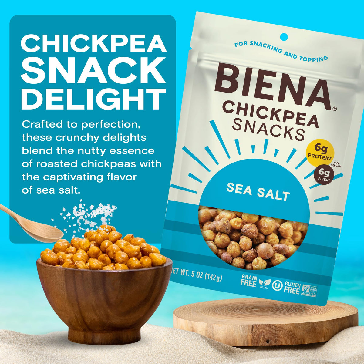 BIENA Chickpea Snacks Sea Salt crisp close-up highlights golden crunch and protein bite.