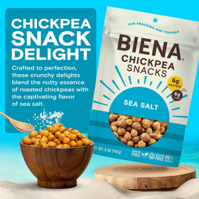 BIENA Chickpea Snacks Sea Salt crisp close-up highlights golden crunch and protein bite.